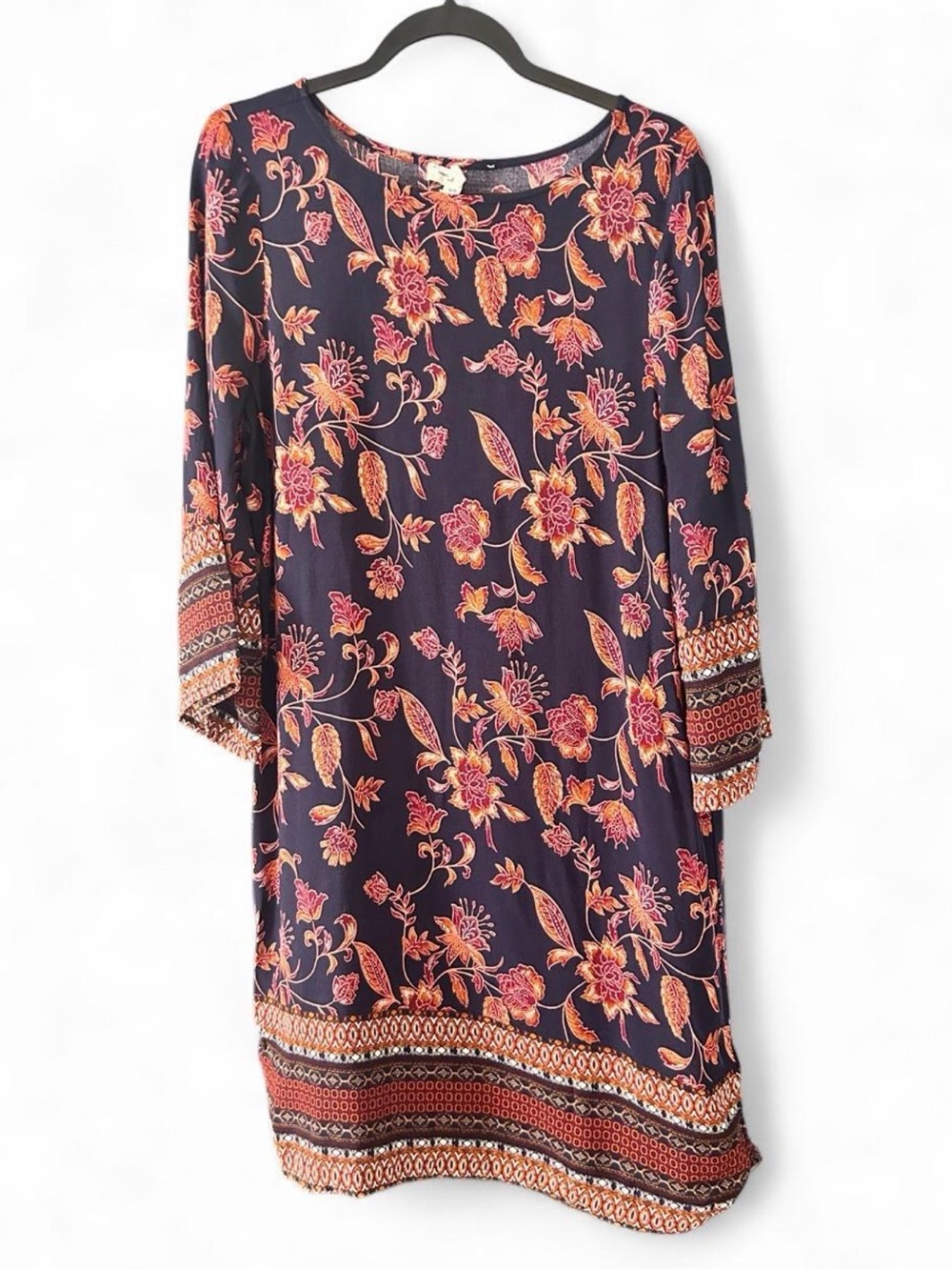 Women’s Navy Floral Shift Dress Top with Pink & Orange Print